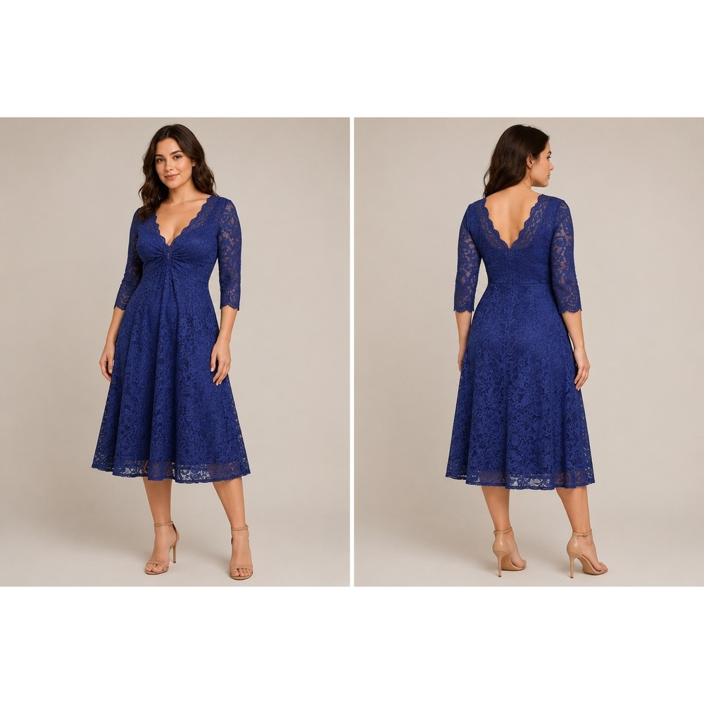 Jasambac Women's Blue Lace Fit & Flare Dress Size S 3/4 Sleeve V Neck Midi